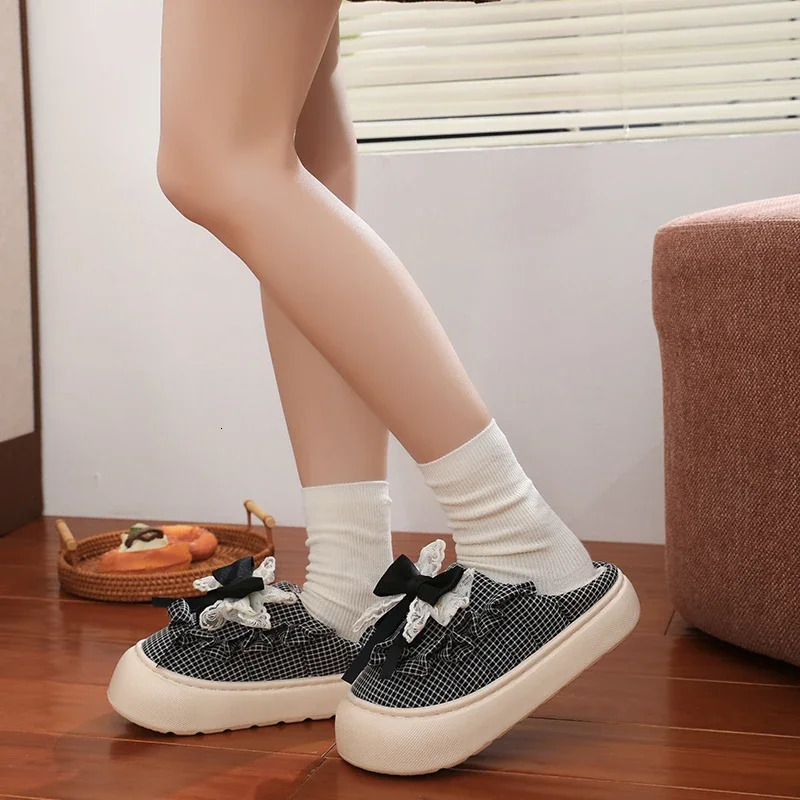 Women Thick Sole Butterflyknot Winter Slippers Ladies Casual Antislip Warm Cotton Shoes Female Outdoor Fashion Flat Footwear 241214