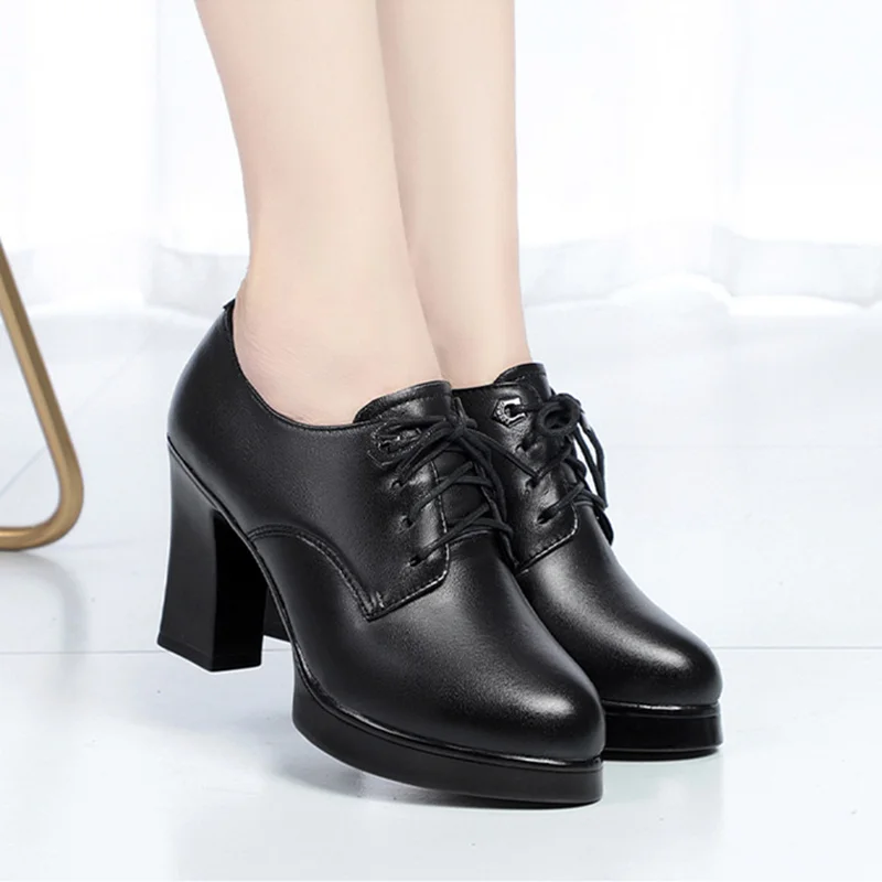 AIYUQI Women Spring Shoes High Heel Genuine Leather Ladies Shoes Thick Heel Platform Pumps Fashion Dress Shoes Women