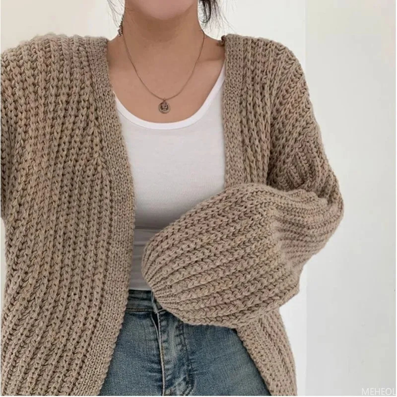 Casual Versatile Knit Cardigan Sweater Jacket Vneck Loose Streetwear Coat Top Vintage Y2K 241214