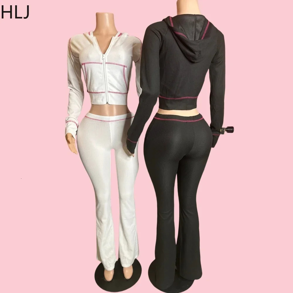 HLJ Autumn Waffle Hooded Two Piece Sets Outfits Women Zipper Long Sleeve Top And Flare Pants Tracksuits Female Sporty Suits 241209