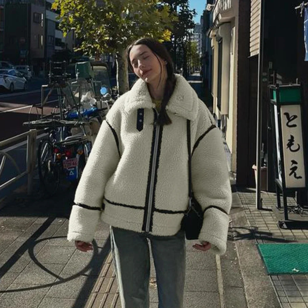 Suninhart Winter Warm Wool Jacket Casual Loose Thick Coat Contrast Color Integrated Artificial Wool Leather Jacket Plush Jacket for Women 241214