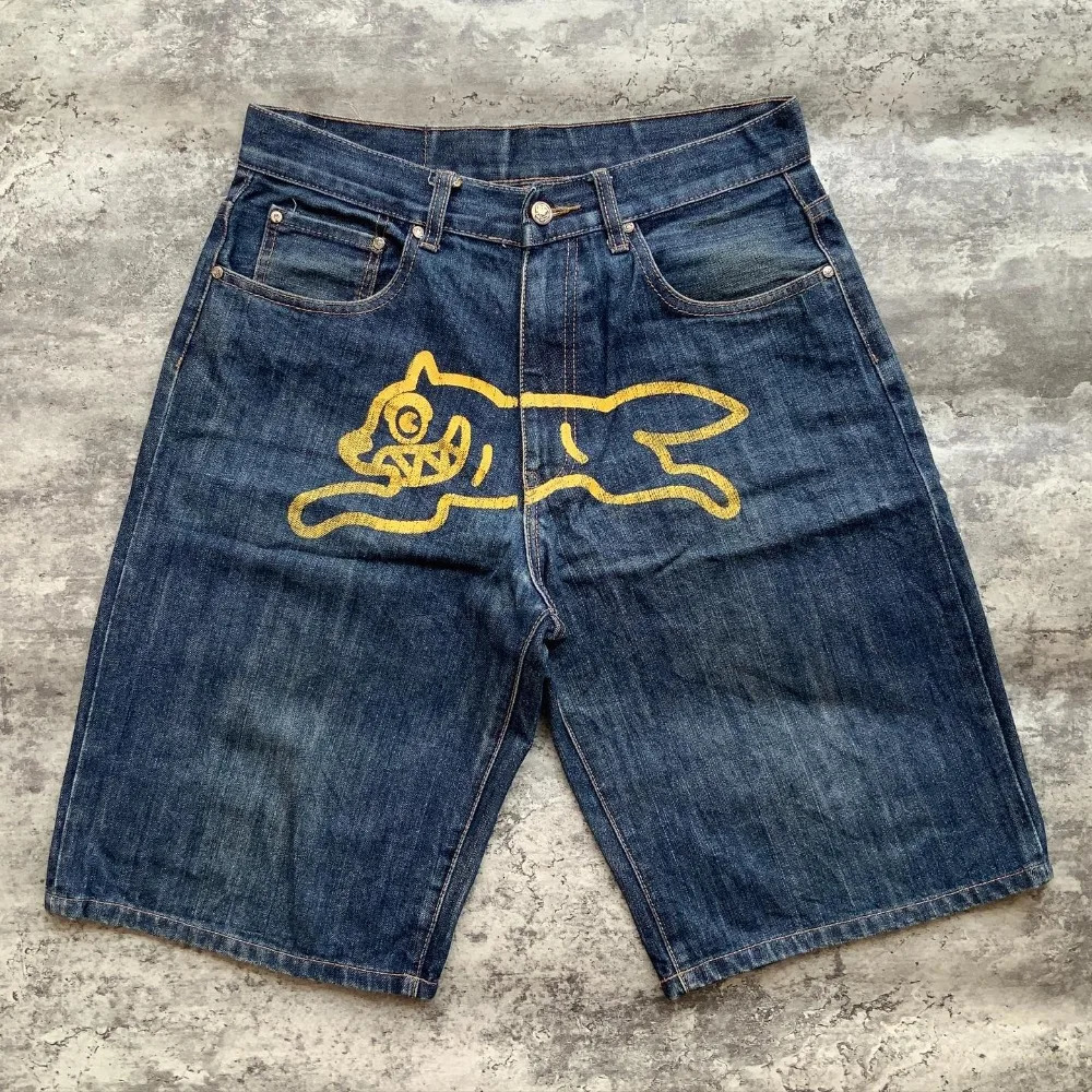 Retro Harajuku Hiphop Puppy Loose Denim Shorts Y2K Summer Gothic Basketball for Men and Women To Wear on The Street 241211