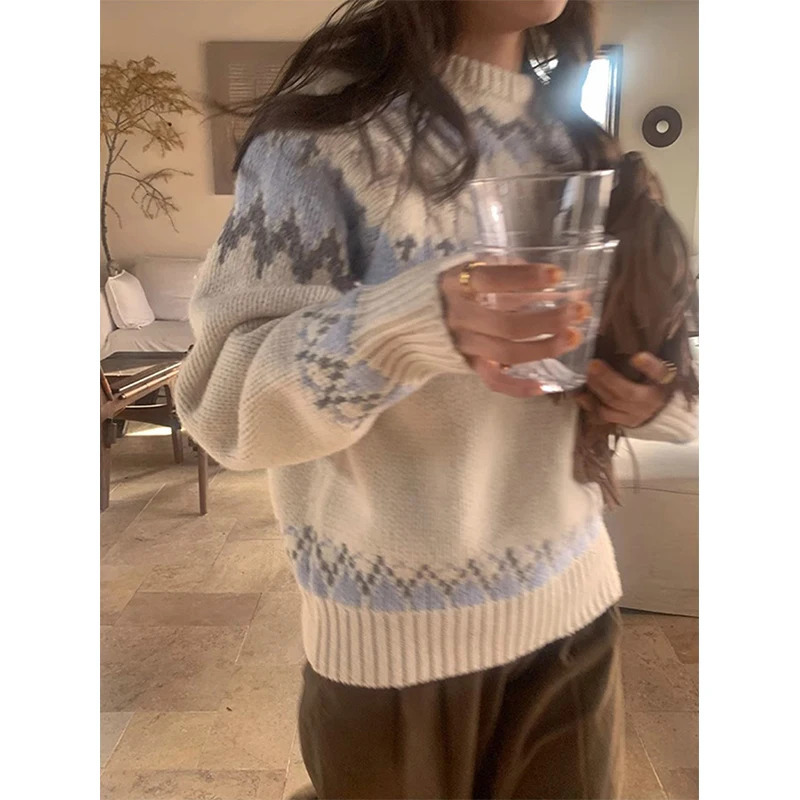 Retro printed sweater Japanese Harajuku womens oversized knitted pullout winter aesthetic long sleeved jumper Korean 241211