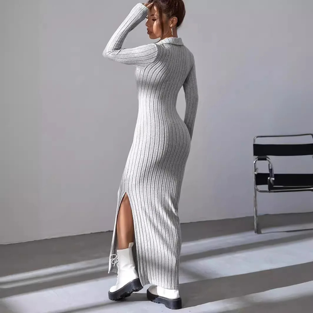 2024 SpringSummer Womens Knitted Weight Loss Collar Fashionable Casual Elegant Pit Strip Solid Color Long Dress 241212