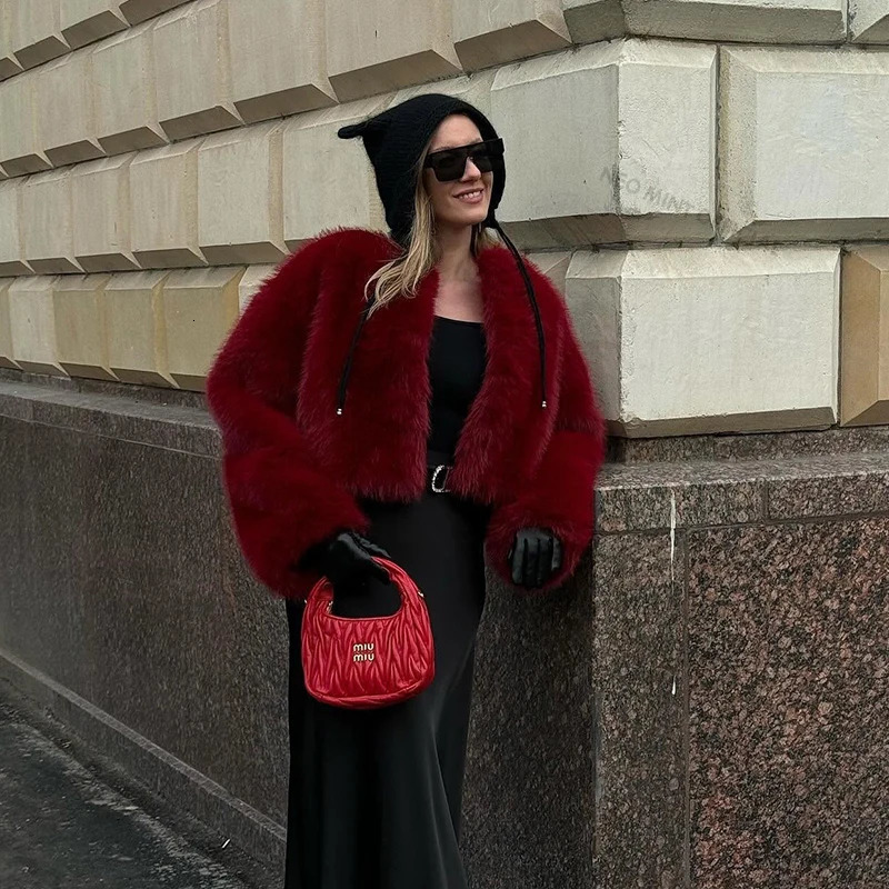 Neo Mint 2025 Ancora Red Christmas Year Fur Coat Women Cropped Faux Fox Jacket Chic Trendy Fluffy Furry Outerwear Female 241211