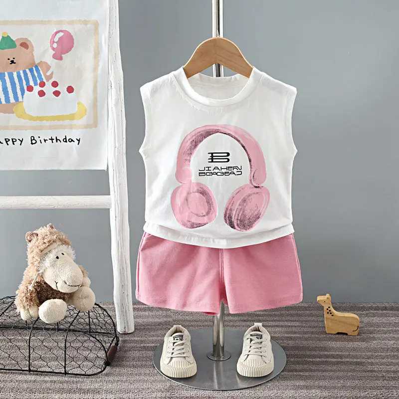 Clothing Sets New Summer Children Boys Girls Baby Fashion Infant Earphone Clothing Kids Cotton Cartoon Vest Shorts 2pcs/Set Suit 0-5 Years H241214
