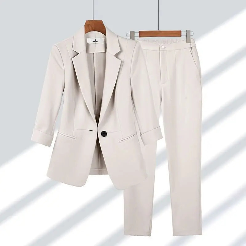 Women 2024 Summer Casual Blazers Jacket Two Piece Suit Korean Elegant Slim Pants Matching Set Female Professional Wear 241203