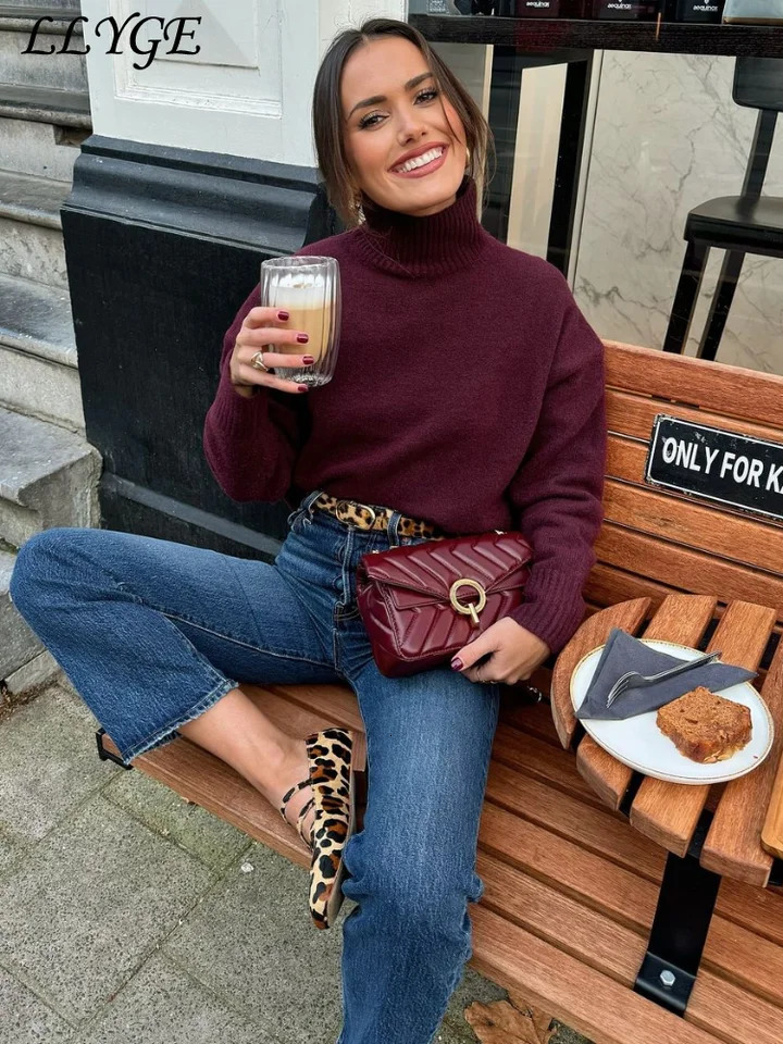 Retro womens Burgundy turtle neck sweater casual long sleeved thick pullout 2024 winter comfortable fully matched knit 241211