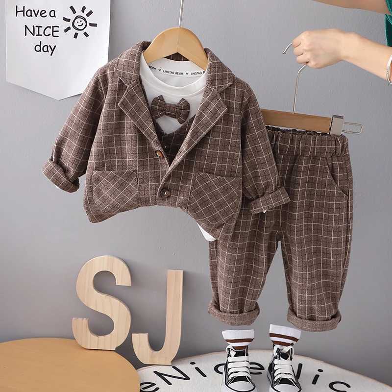 Clothing Sets Children Clothing Spring Autumn Baby Boys Wear Infant Lapel Plaid T-Shirt Pants 3pcs/sets Toddler Casual Suit 0-5 Years H241214