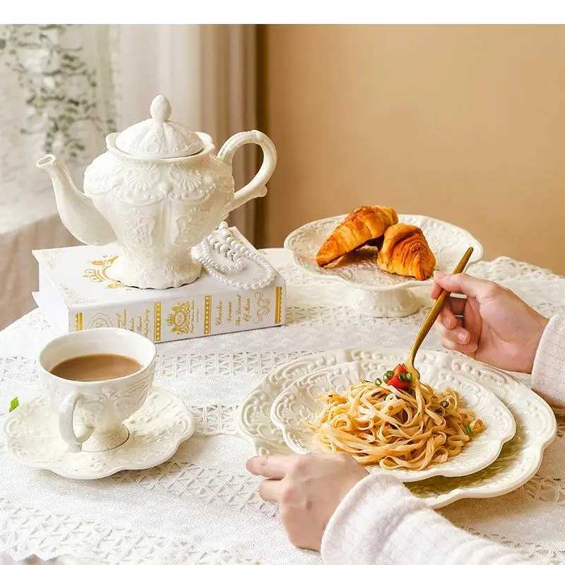 Ceramic Teapot Afternoon Tea Cup Dish Set Household Dessert Plate Snack High Leg Cake Goods Y241214