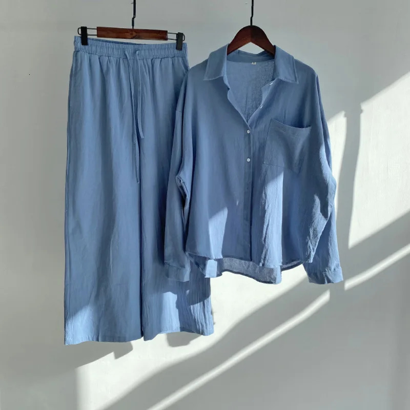Fashion Leisure Womens 2piece Set Vintage Plus Size 2024 Cotton Hemp Lapel Top and Pants 241203