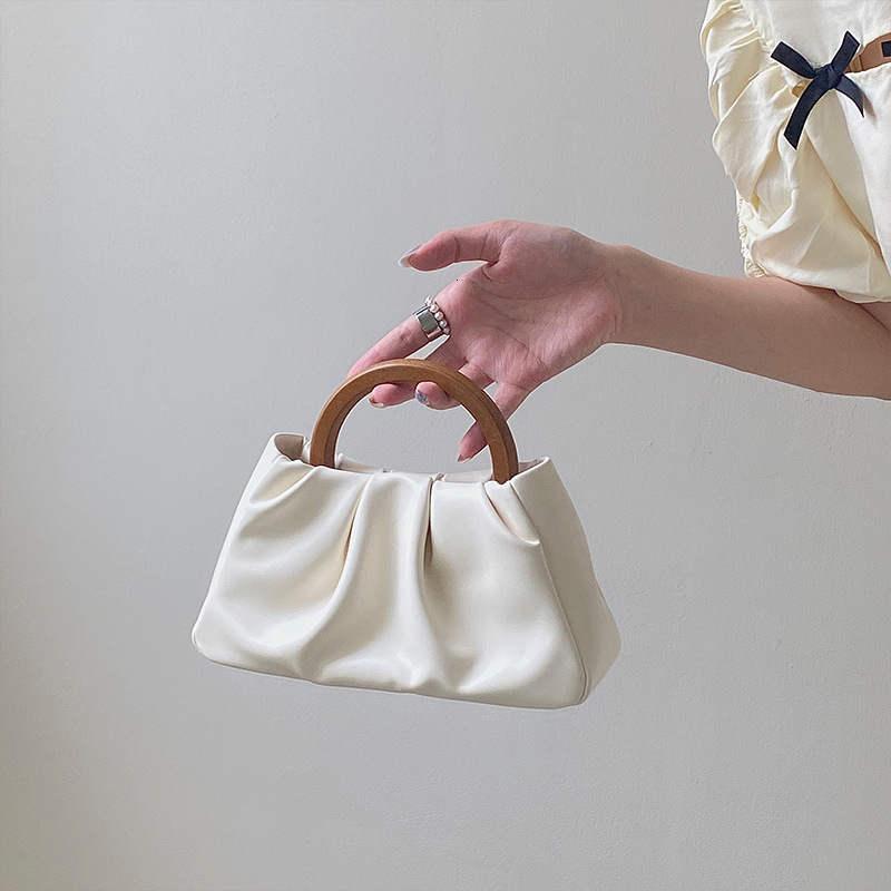 New Designer Wooden Handle Pleated Cloud Bag Hand-held Women's Bag Shoulder Bag Slanted Mini Bag