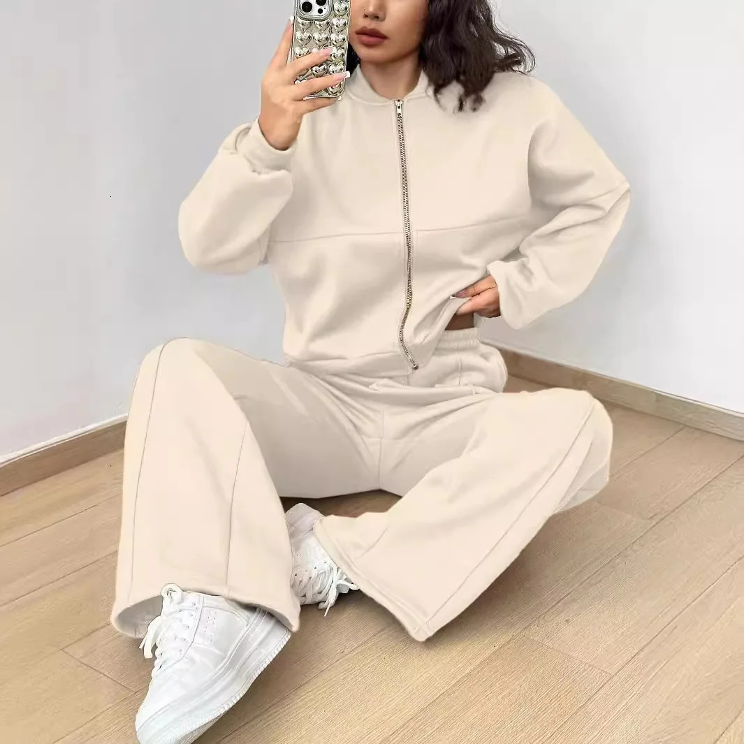 Grey Bomber Jacket Pant Women 2 Pieces Set Casual Long Sleeve Zipper Coat Solid Sweatshirt Trousers Suit Fall Sportwear 241203