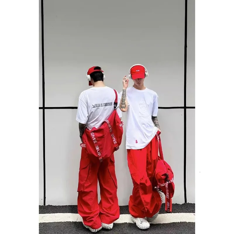 Pants Mens Summer High Street Red Vibe Thin Loose Wide Leg Casual Trousers Solid Color Pockets Cargo Straight Long Pants 241214
