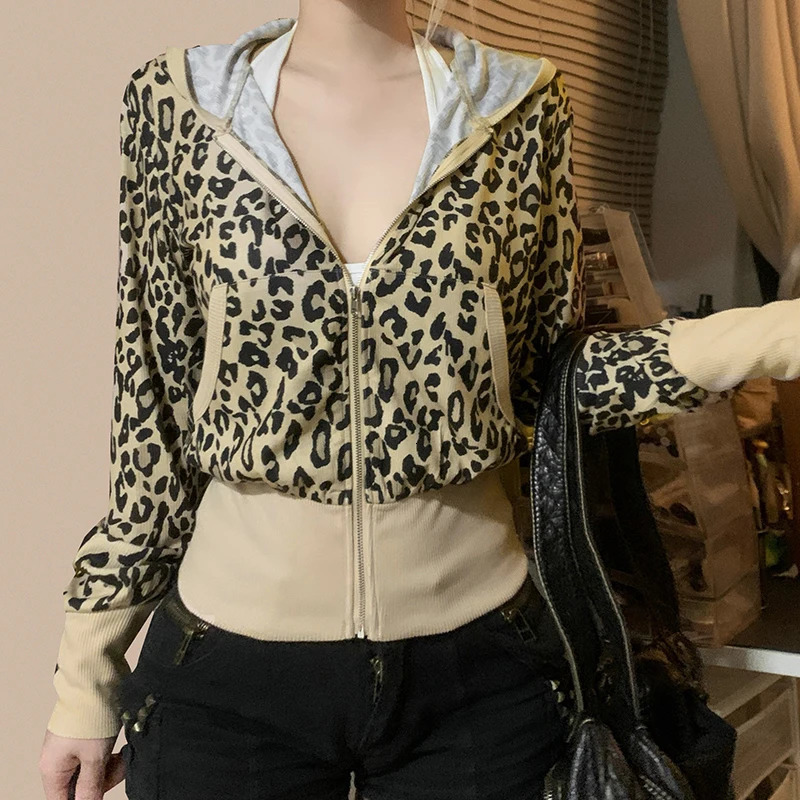 IAMTY leopard print hooded sweatshirt for women contrasting color patch work zipper hooded sweatshirt retro cardigan autumn thin coat Y2K 241214