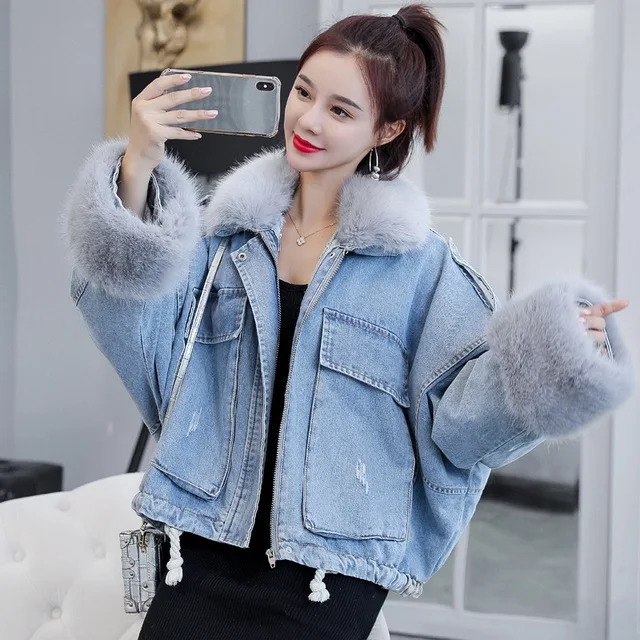 Pink and white winter denim jacket womens soft fur lined denim jacket fur collar jacket retro loose thick warm denim jacket 241210