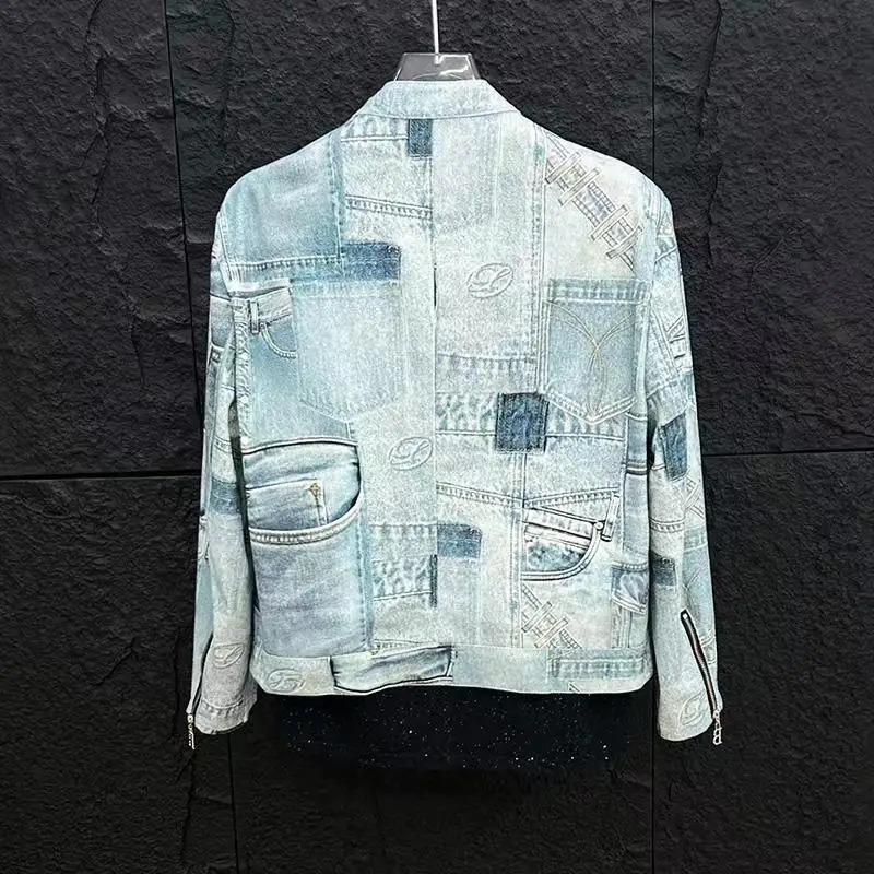 mens casual denim jacket Korean version cotton print lapel short sequin jacket 241209