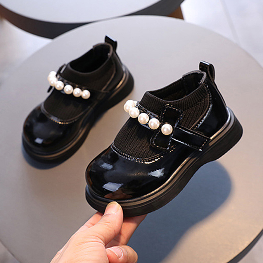 Children's Girl Baby Leather Shoes Pearl Beaded Fashion Princess Round Toe Heightening Happysteps Casual Comfortable Student Shoes Sizes 21-30