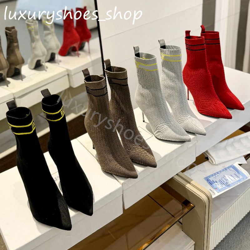Sock Boots Stiletto Ankle Booties Shoes knitted fabric letter Mid-Calf Pull On Elastic Point-Toe Stiletto Luxury Designer Mugler 105mm Fashion Boot With box 35-42