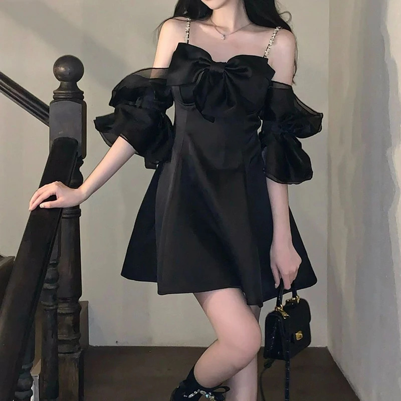 French bow lace womens mini dress summer spaghetti shoulder strap solid sexy puff sleeve vest 241212