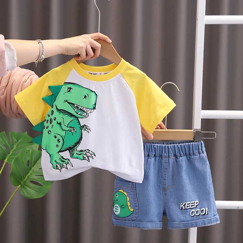 Clothing Sets Summer Children Kids Girls Boys Clothes Infant Patchwork Dinosaur T-Shirt Shorts 2pcs/Set Kids Cotton Toddler Costume 0-5 Years H241214