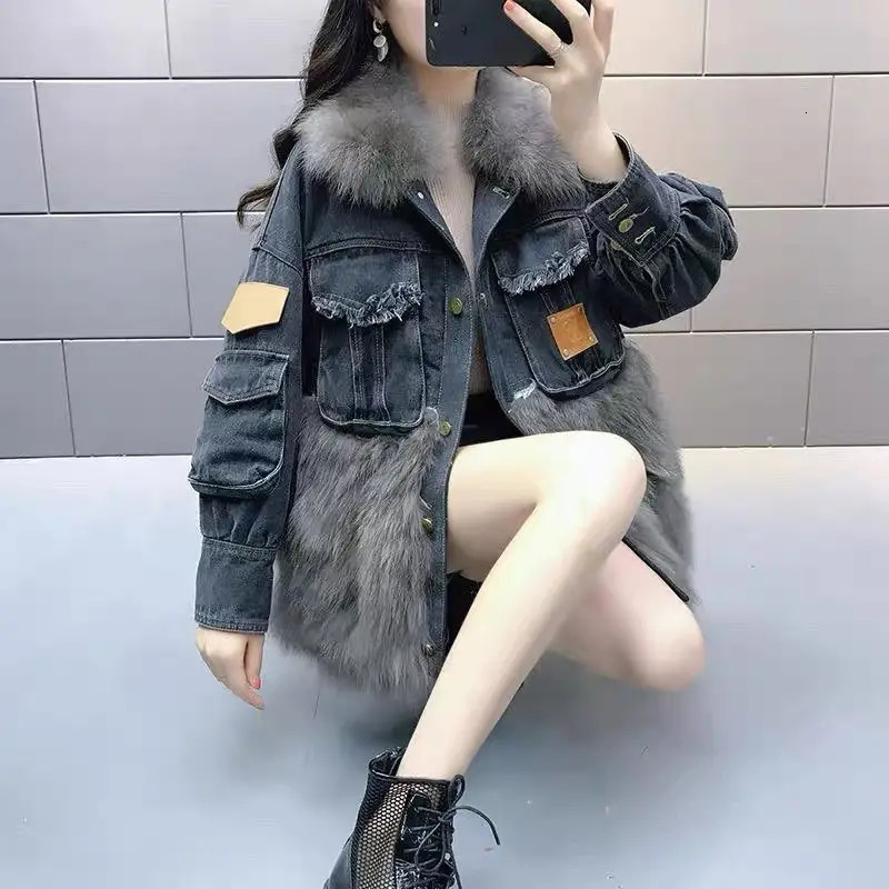 Fur patchwork denim fur coat womens clothing autumn/winter fur one-piece Korean fashion thick loose fur jacket womens top 241210
