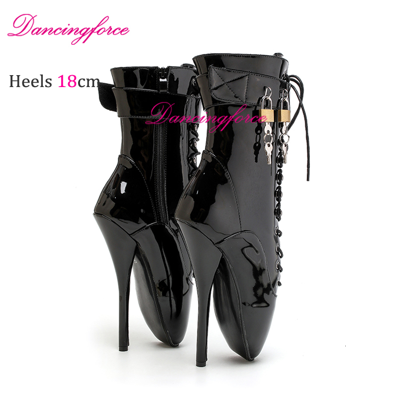 Dancingforce Black 18Cm/7.2Inchesultra High Heels Ankle Ballet Boots Sexy Fetish Lockable Super Girl Nightclub Training Shoes