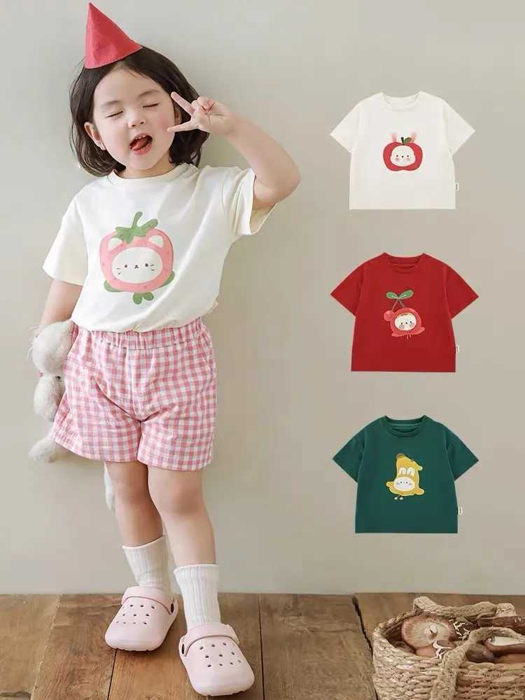 Clothing Sets Girls Fruit Animals Print TShirt Summer Clothing Thin Soft Short Sleeve Tops Boys Toddler New Casual Solid Color Versatile Tees H241214