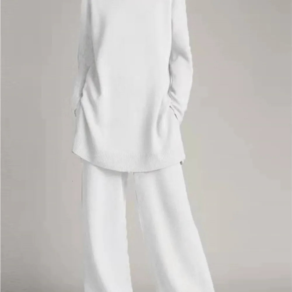 Autumn And Winter For Womens High Neck Knitted Pants Casual Pocket Retro Loose Female Office Knitting 2 Piece Set 241203