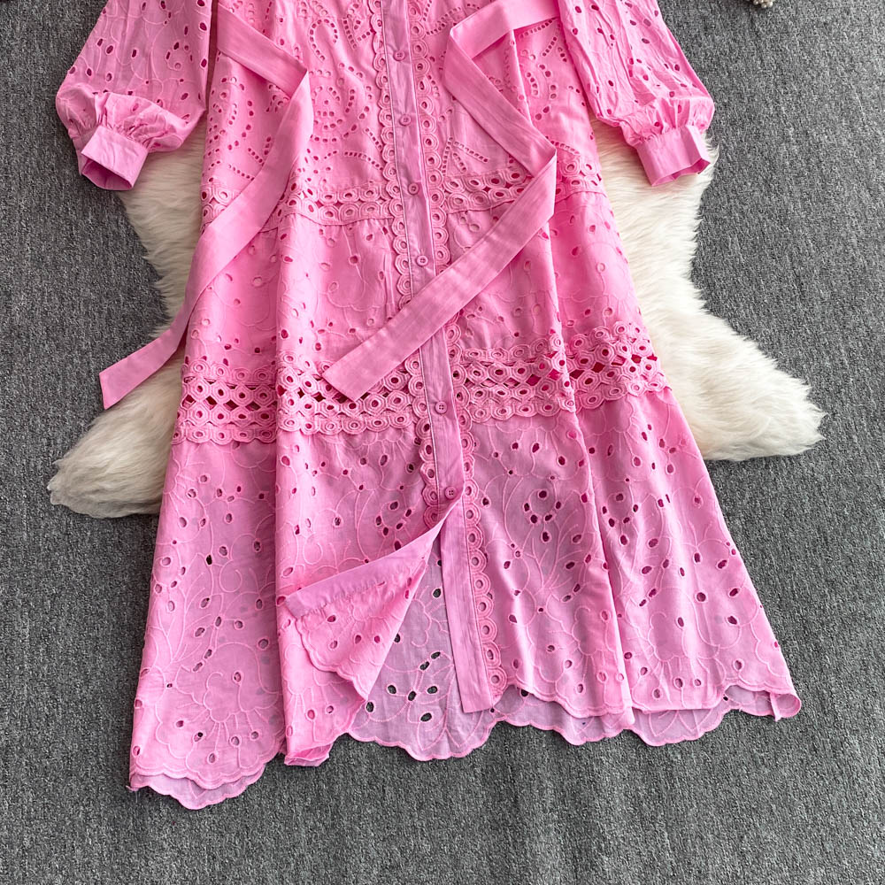 Casual Dresses 2025 Spring Holiday Beach Hollow Out Cotton Dress Women's Long Sleeve Lapel Embroidery Flower Belt Lace Up Party Long Vestidos