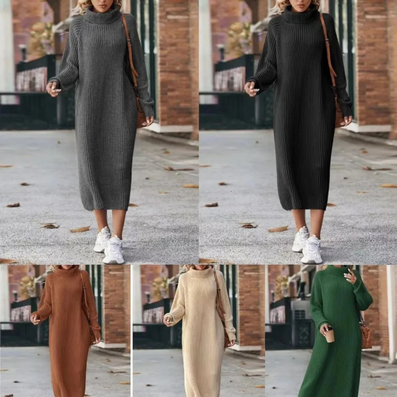 Women Solid Color Loose High Collar A Long Sweater 2023 Autumn Winter Dress Sleeve Knitted 241212