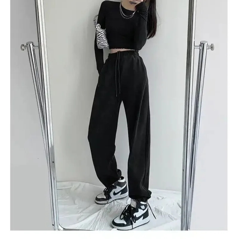 Womens Spring/Summer Korean Loose Solid Color Panel Pocket Printed Casual Sports Elastic High Waist Straight Pants 241214