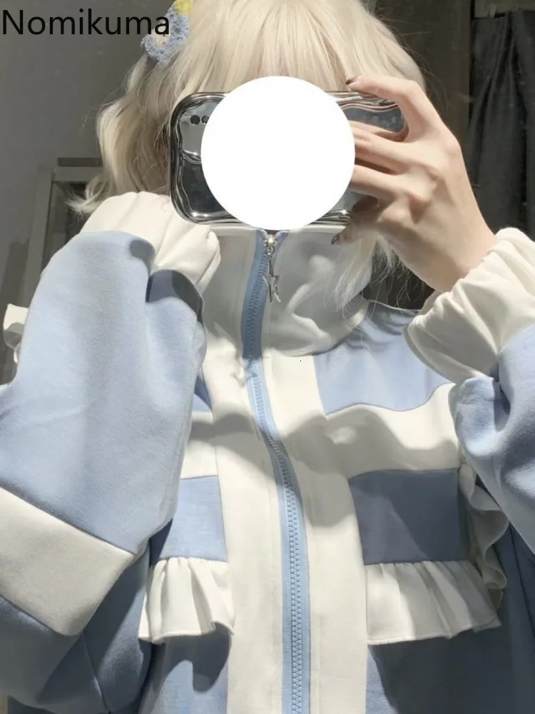 Japanese streetwear jacket womens Lolita style stand up collar zipper oversized jacket Y2k top ruffled contrasting color chic jacket 241214