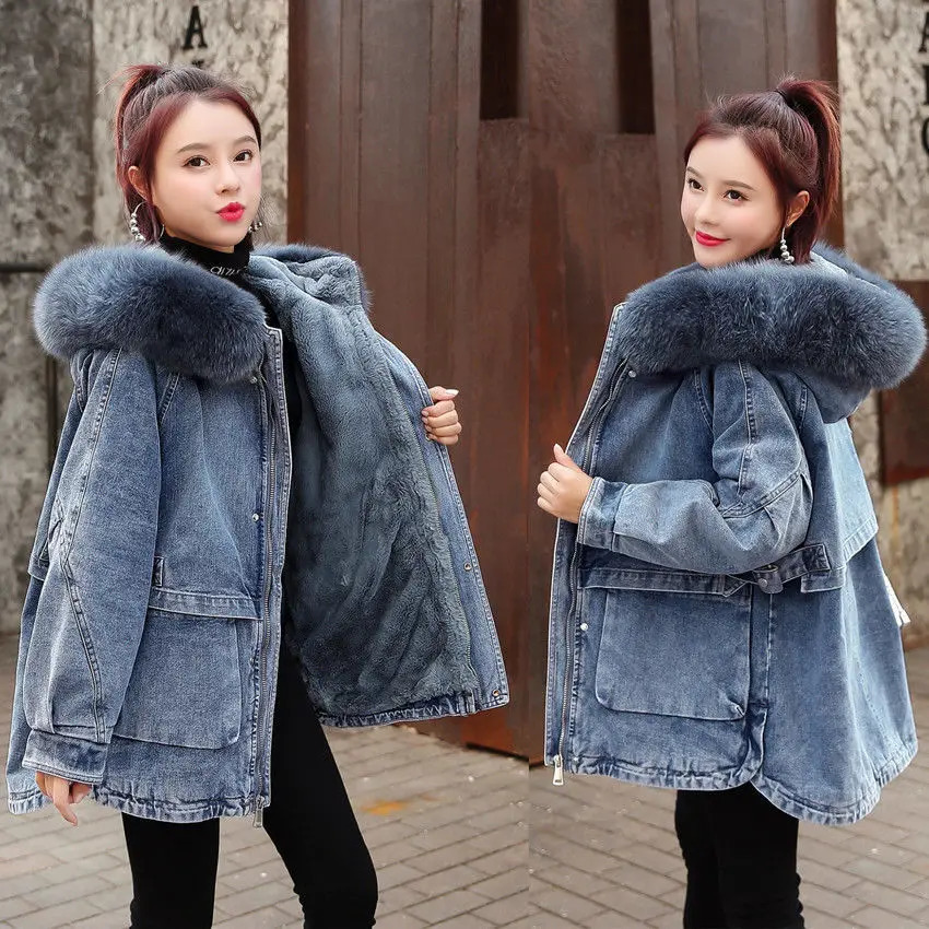 Winter Sheepskin Loose Womens Denim Coat Thick Hooded Big Fur Collar Coat Retro Plus Velvet Denim Cotton Mat Jacket 241210