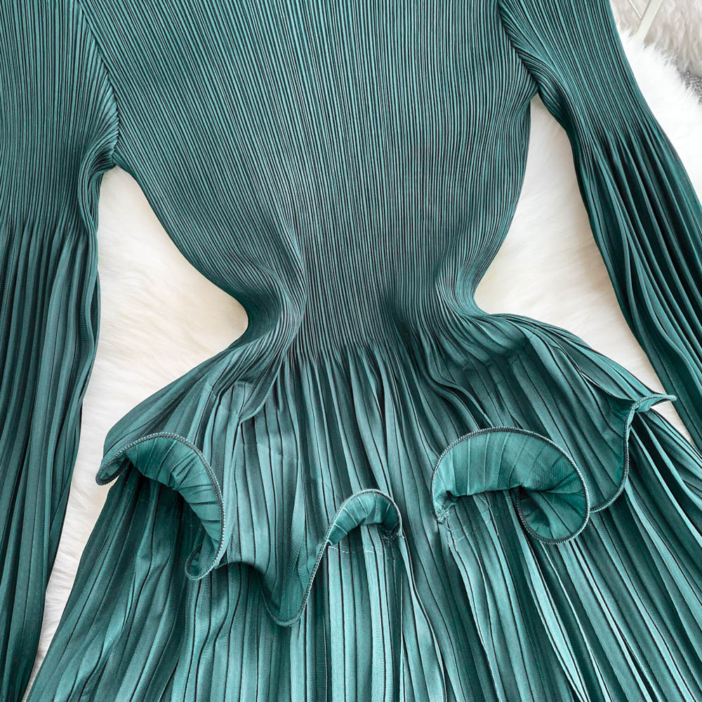Casual Dresses Elegant Oversized Long Sleeve Pleated Draped Women O-Neck Ruffles High Sretch Party Robe Vestidos Ladies Spring Summer Clothing 2025