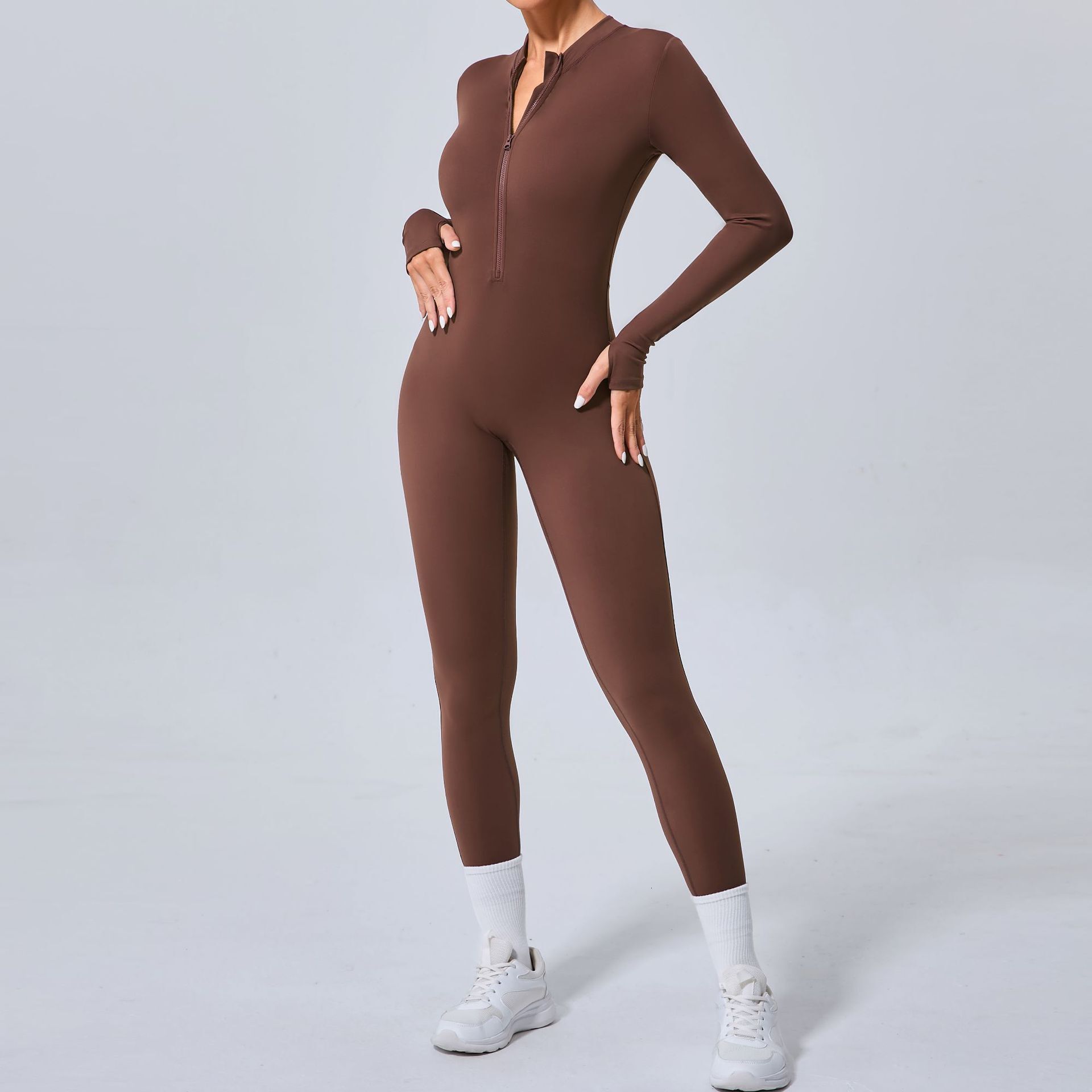 Half Zipper Workout Yoga Jumpsuit Sports Overalls Women Long Sleeve Slimming Thumb Gym Clothing Running Fiess Suits Tracksuit