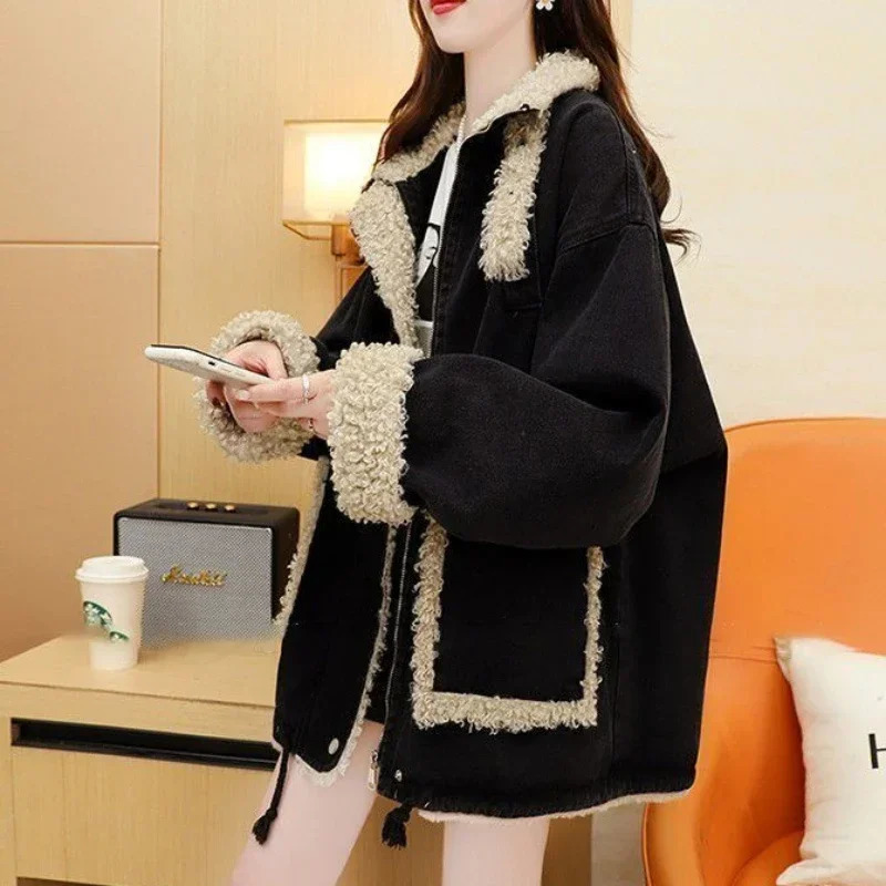 Warm fur plush patch work pad womens jeans jacket wool lining black jacket blue womens denim jacket long ditch trade 241210