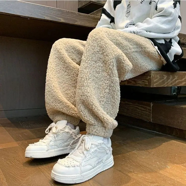 Lamb wool sweatpants mens autumn and winter style velvet thickening trendy loose sports casual pants mens pants y2k 241214
