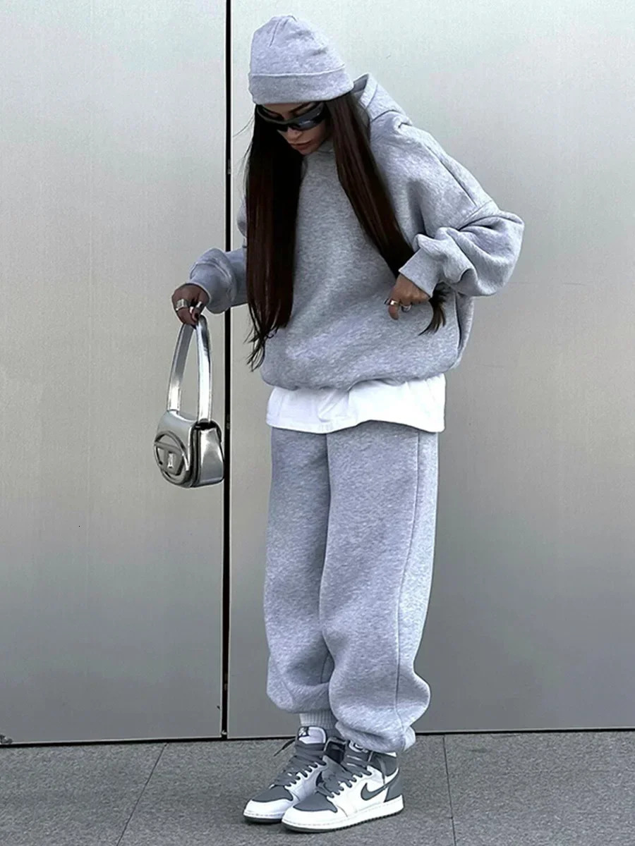 Wolfeel Solid Color Hoodies Pants 2Pieces Sets Winter Thicken Fleece Womens Sweatshirt Oversized Fashion Warm Pullovers 241209