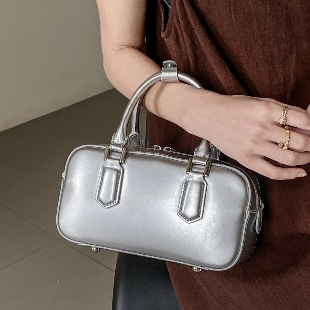 2024 simple Boston bowling tote bag silver black glossy denim leather womens shoulder bag square Versatile womens handbag 241212