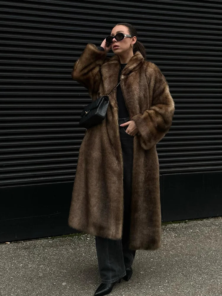 Womens Dark Brown Faux Fur Warm Long Coat Single Breasted Oversized Thickened Overcoat Winter Fluffy Plush Female Outerwear 241211