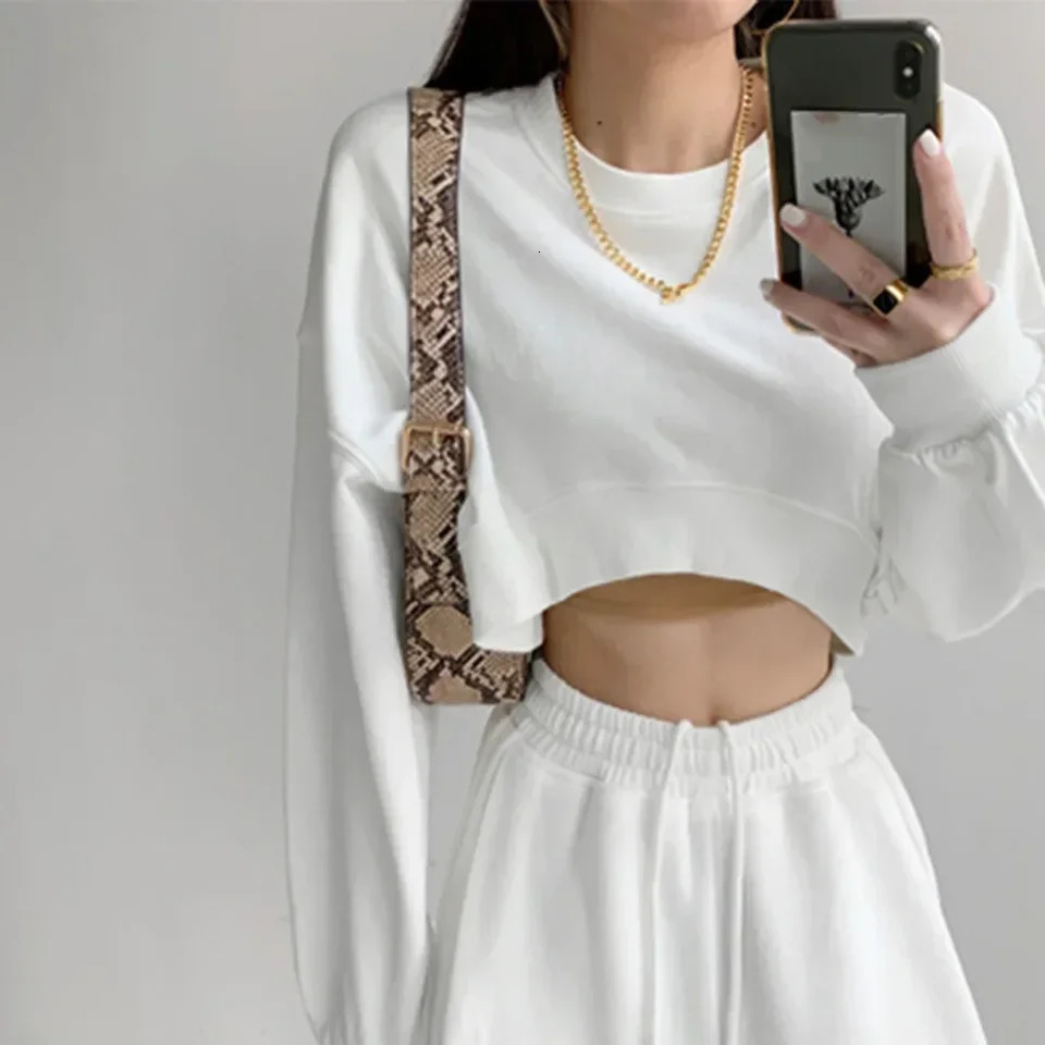 Sweatshirt Cropped Crop Top Pullover Tops Causal Hoodies Korean Long Sleeve Loose Round Neck Womens Daily Fashion 241214