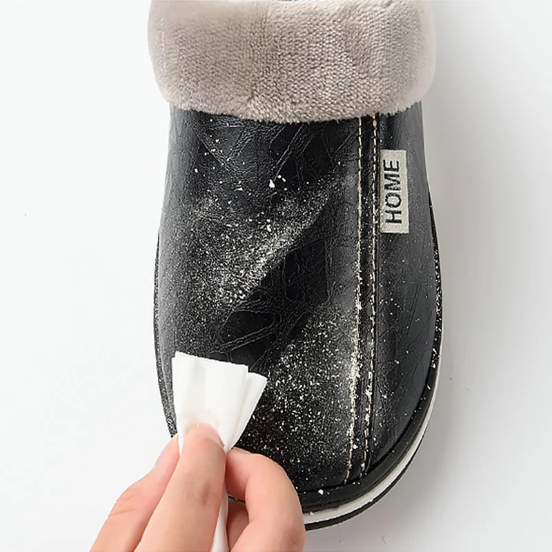 Mens Home Winter Slippers Warm Shoes Thick Bottom Plush Waterproof PU Leather Couples Cotton Flat Couple 241214