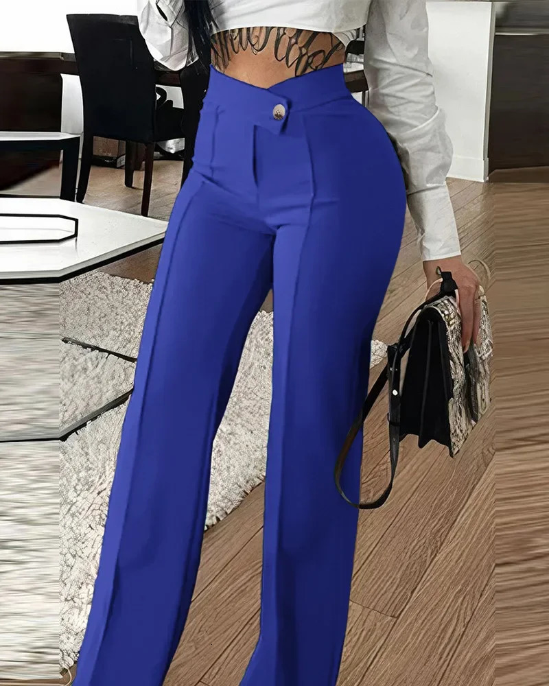 Womens pants wide leg zipper fly slim fit flat office womens pockets high waist autumn 2023 ankle length solid color 241212