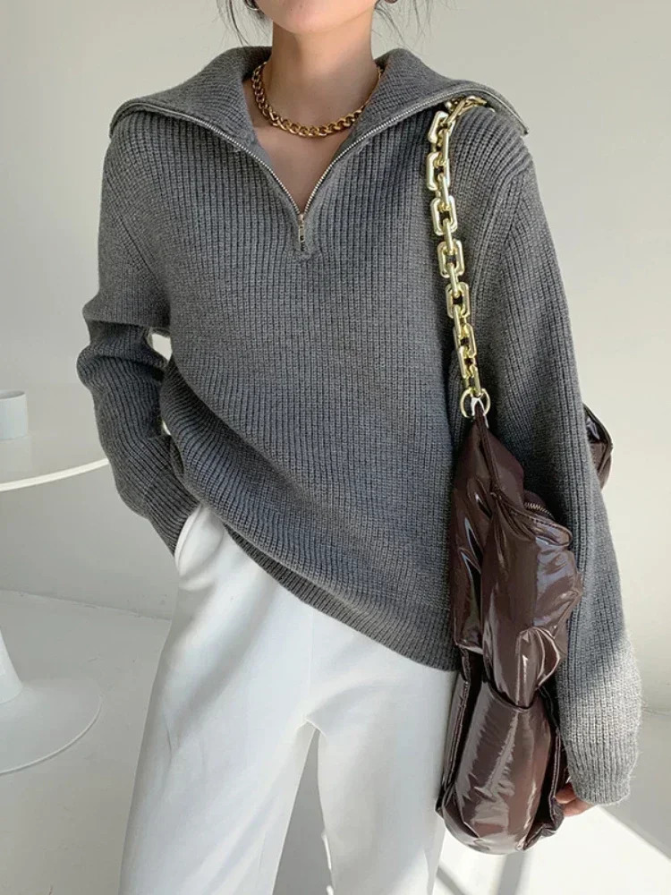 Winter womens turtle neck knitted fashionable zipper sweater oversized solid gray black casual long sleeved suitable for women 241211