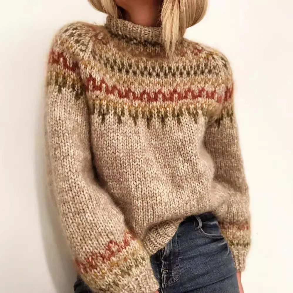 Fashionable womens 2024 autumn and winter turtle neck floral print long sleeved knitted casual personality loose fitting top jumper 241211