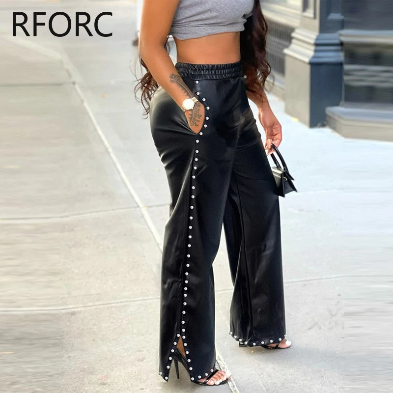Womens fashionable Pu leather elastic waist rivet side decoration small silk straight leg pants 241212