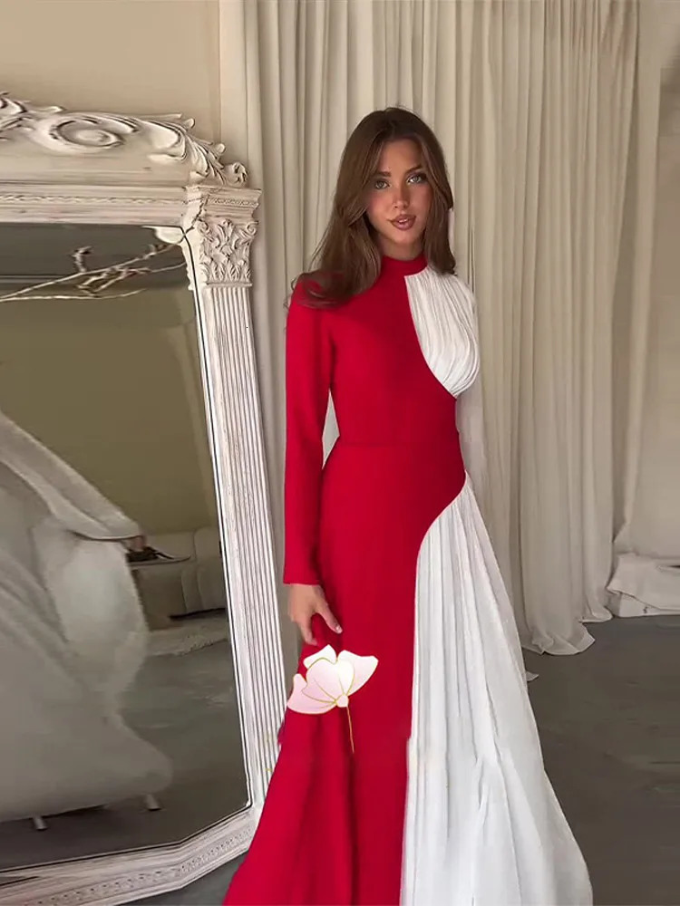 Fashion Contrasting Patchwork Mesh Maxi Dress Elegant Half High Collar Slim Waistband Long Sleeve Robe Lady Street Party Dresses 241212