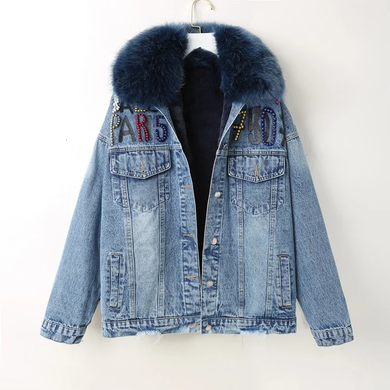 Warm winter wool lining faux fur collar denim jacket for women loose fit Jean Coats graphic diamond print casual jacket top 241210