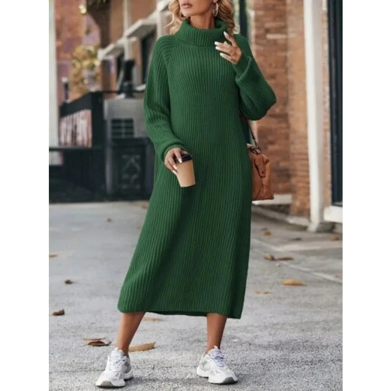Women Solid Color Loose High Collar A Long Sweater 2023 Autumn Winter Dress Sleeve Knitted 241212